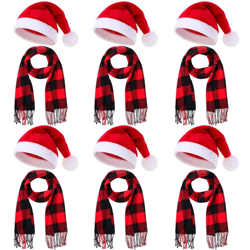 6298 Christmas Santa Hat and Scarf Set Red Black Buffalo Plaid Scarf Santa